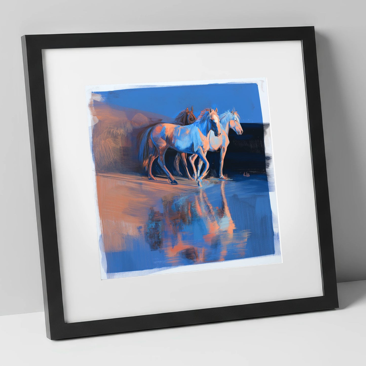 Wild Reflections at Dawn wild horses art print in black frame