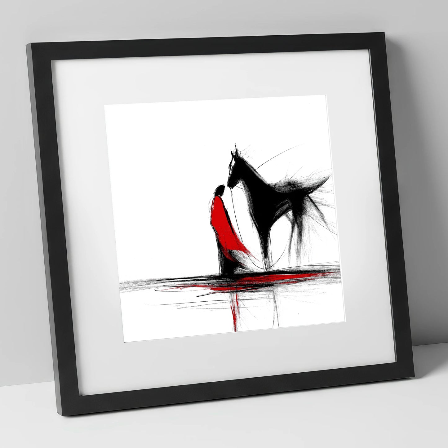 Crimson Connection horse & rider art print in black frame