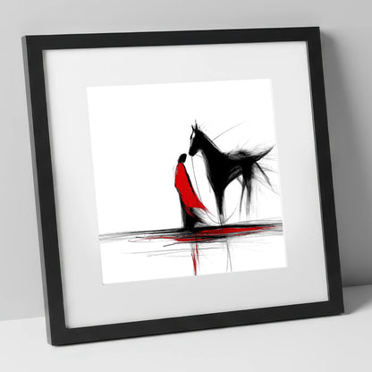 Crimson Connection horse & rider art print in black frame