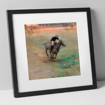 The Mid-Field Drive polo horse art print in black frame