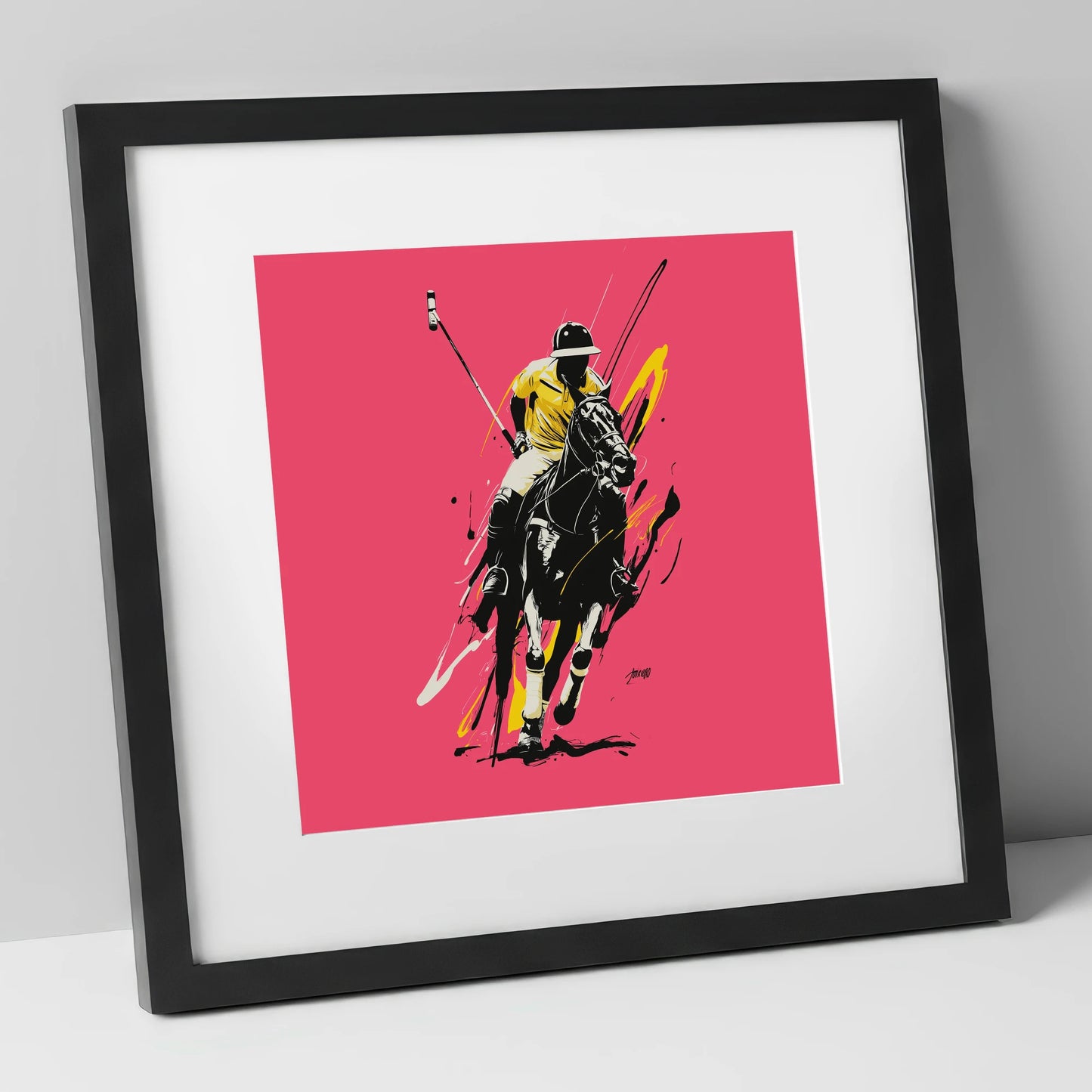 Velocity in Magenta polo horse art print in black frame