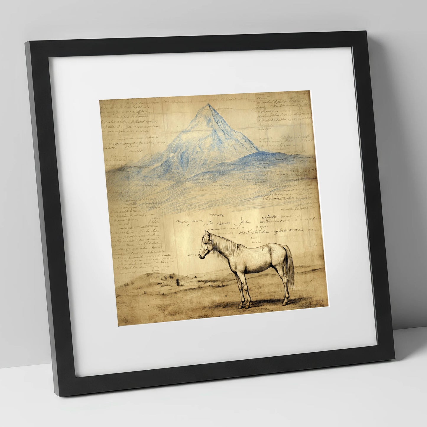 Alpine Journal Study horse landscape art print in black frame