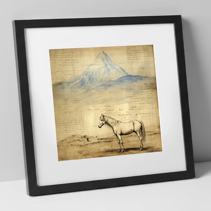 Alpine Journal Study horse landscape art print in black frame