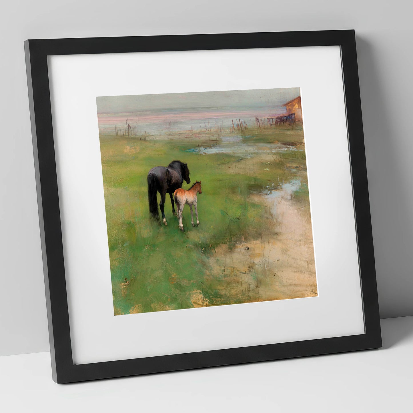 Morning on the Marsh mare & foal art print in black frame