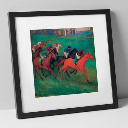 The Crimson Gallop racing horse art print in black frame
