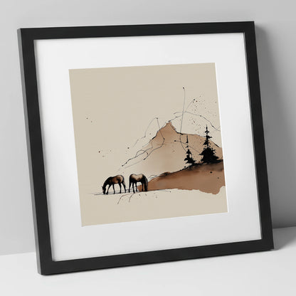 Highland Grazing horse landscape art print in black frame