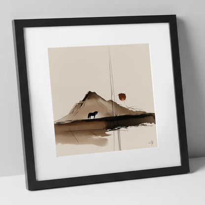 Quiet Mountain Silhouette horse landscape art print in black frame