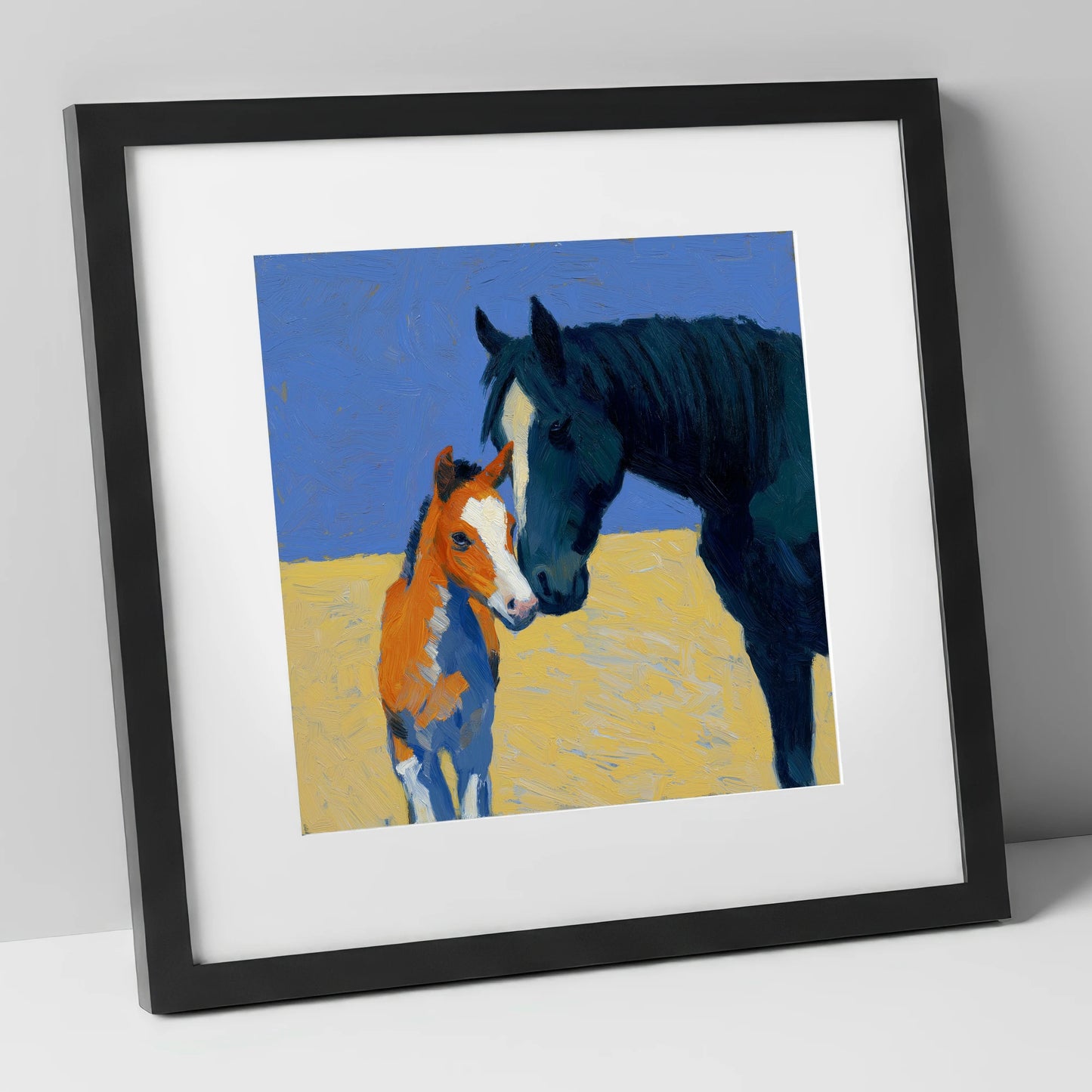 Sun-Drenched Bond mare & foal art print in black frame