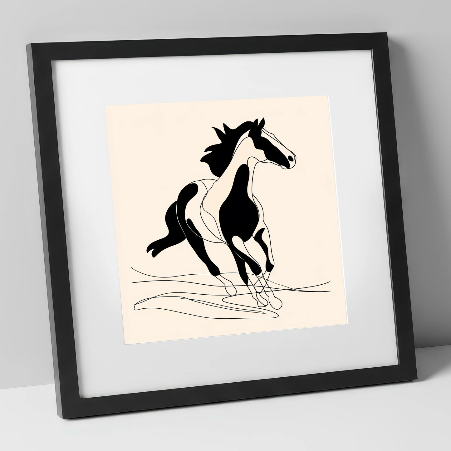 Fluid Equine Silhouette wild horses art print in black frame