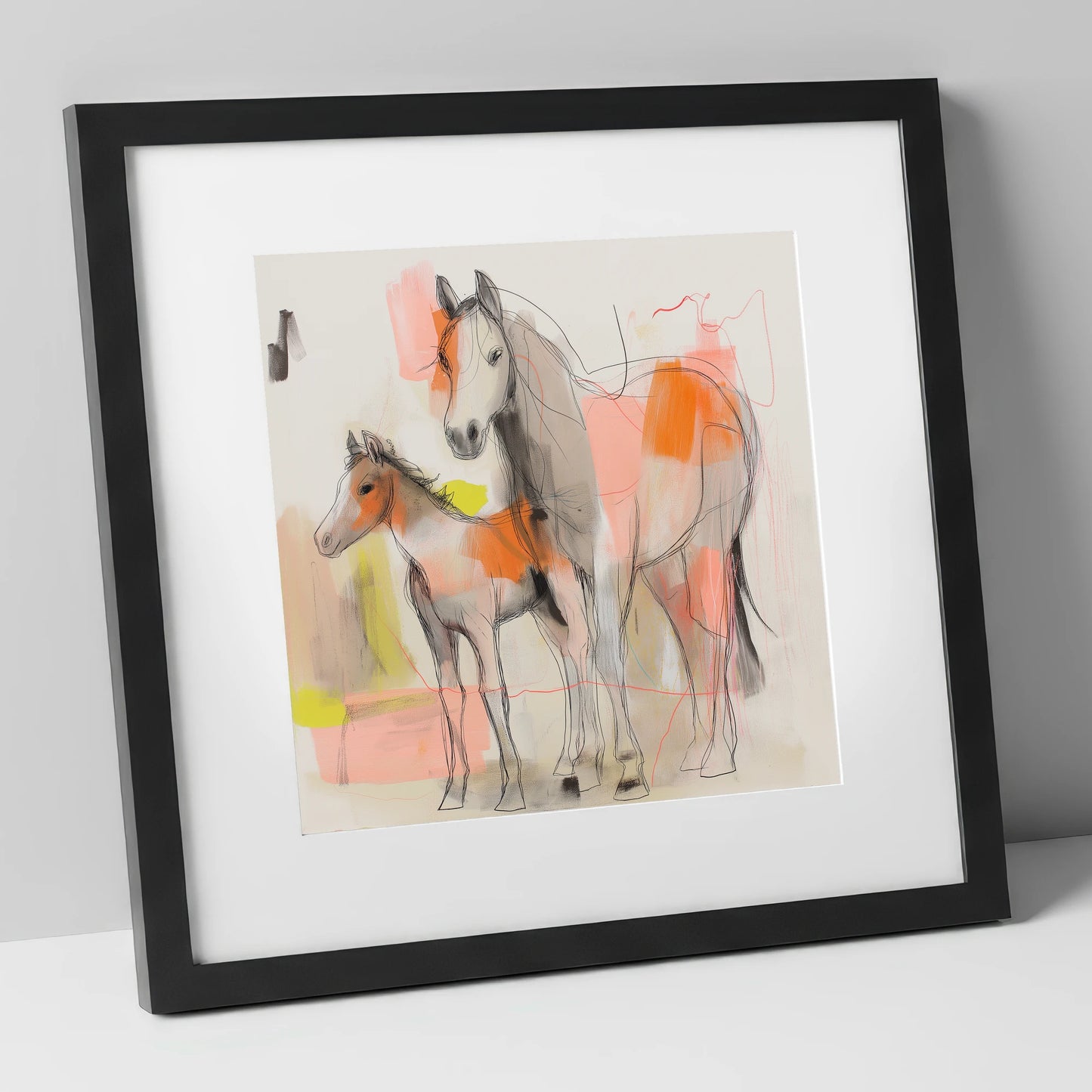 Contemporary Bond mare & foal art print in black frame