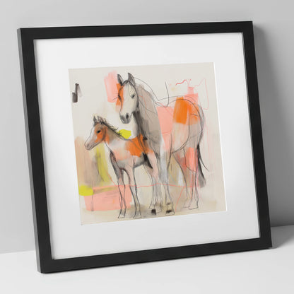 Contemporary Bond mare & foal art print in black frame