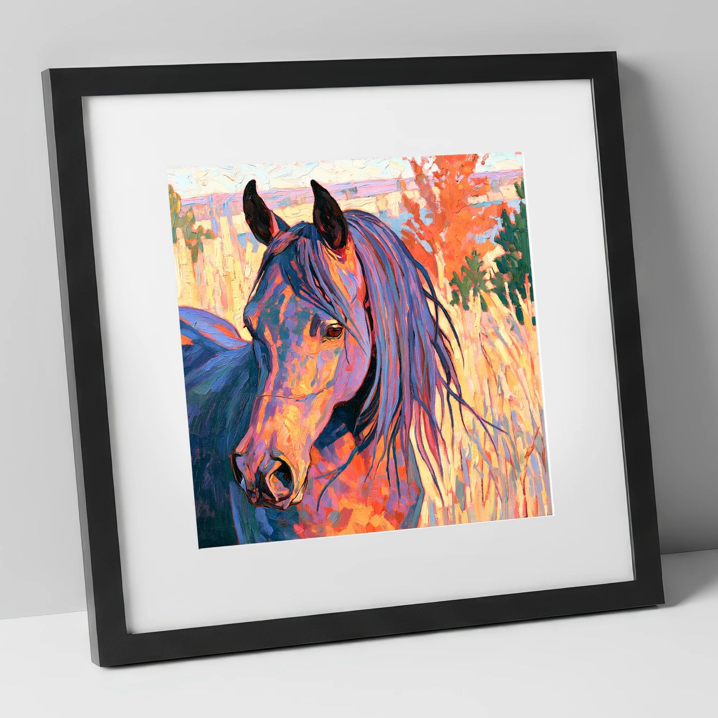 Colourful Horse in Autumn Grass horse breed art print in black frame