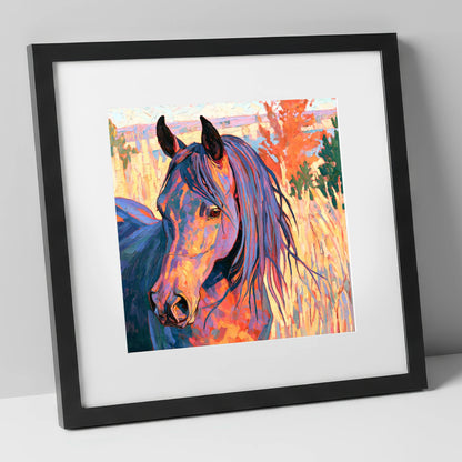 Colourful Horse in Autumn Grass horse breed art print in black frame