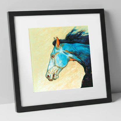 Cerulean Spirit racing horse art print in black frame