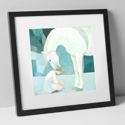 The Gentle Guardian horse & rider art print in black frame