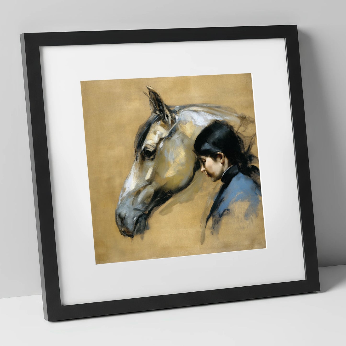 The Silent Bond horse & rider art print in black frame
