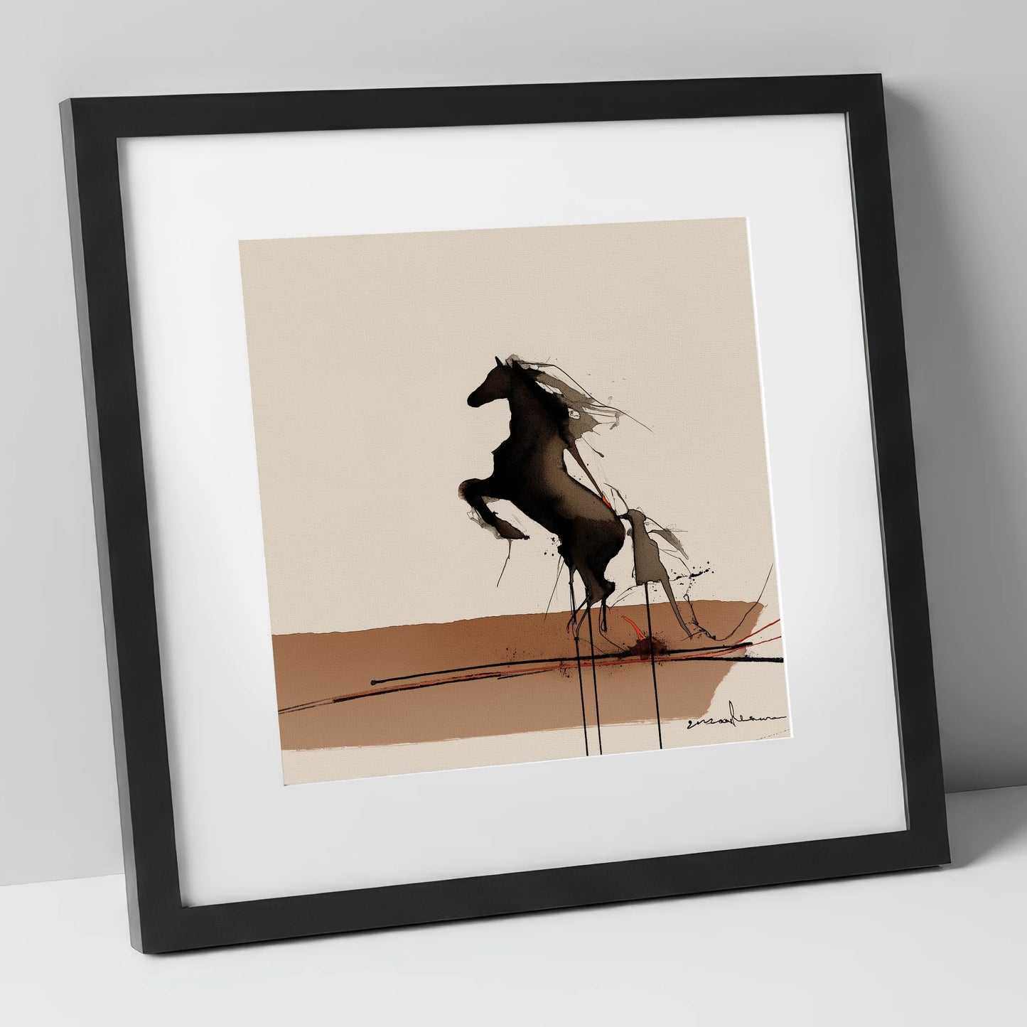 Untamed Dark Silhouette wild horses art print in black frame