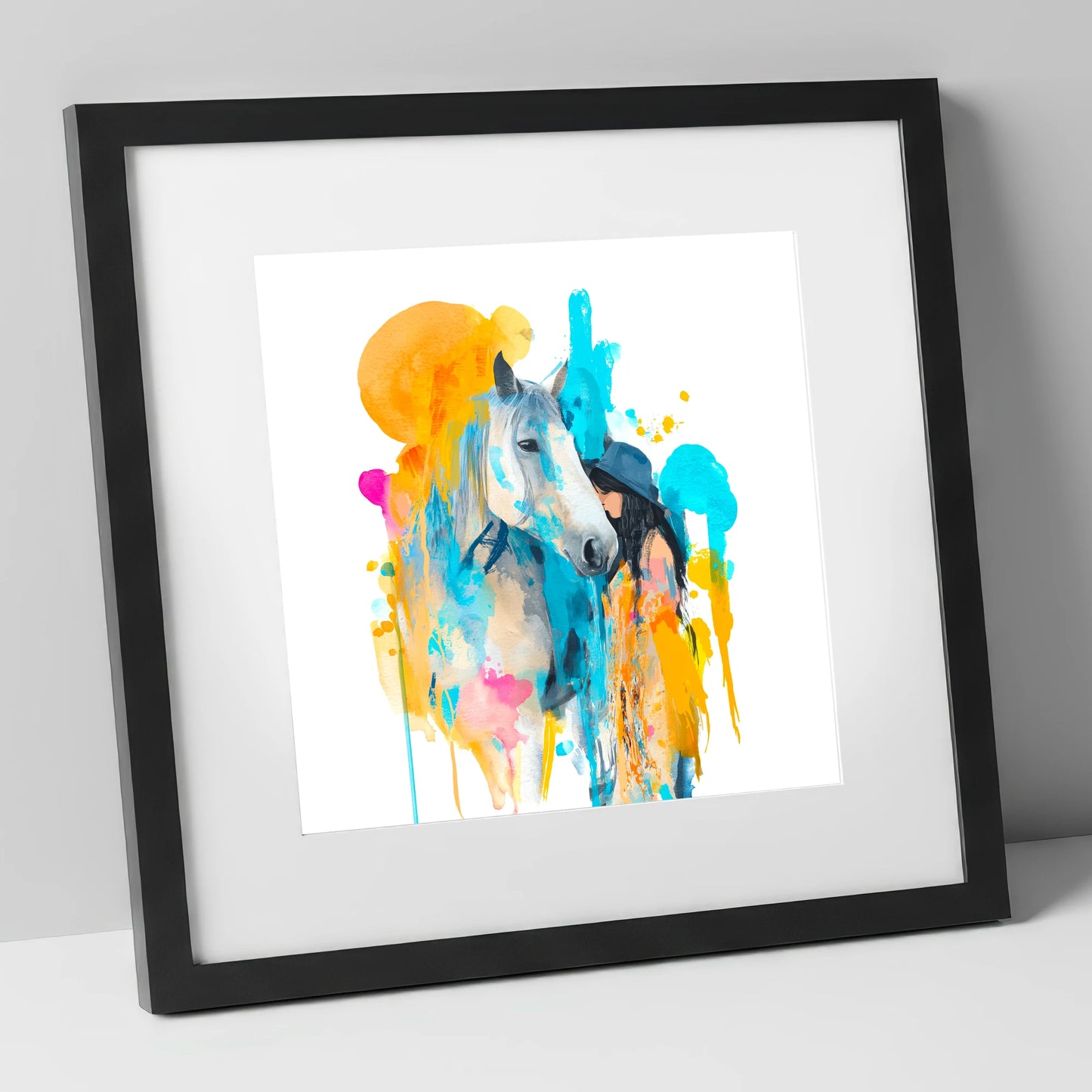 Vibrant Connection horse & rider art print in black frame