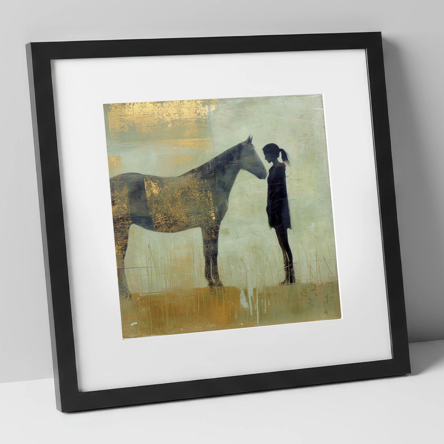 The Golden Bond horse & rider art print in black frame