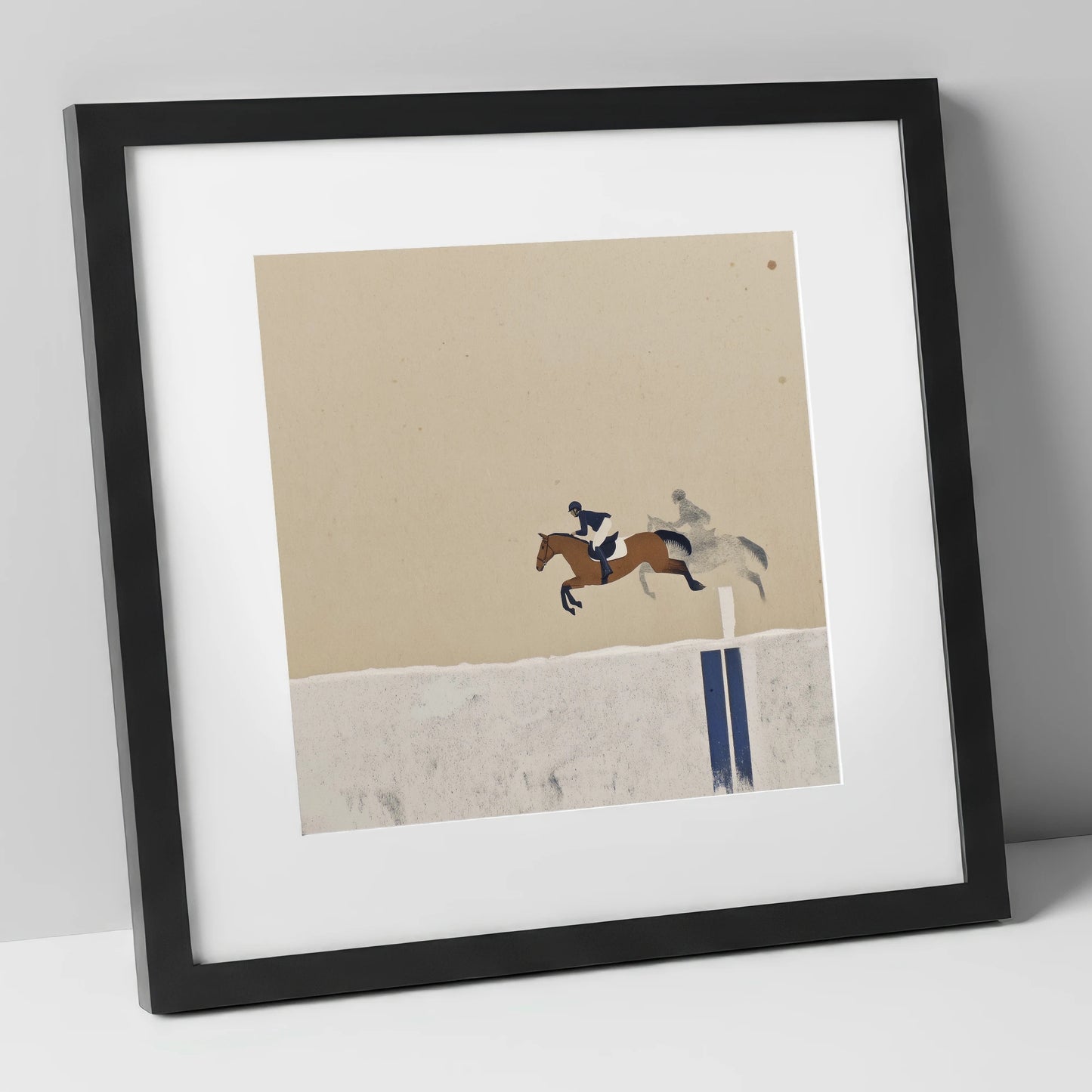 Suspended in Flight show jumping horse art print in black frame