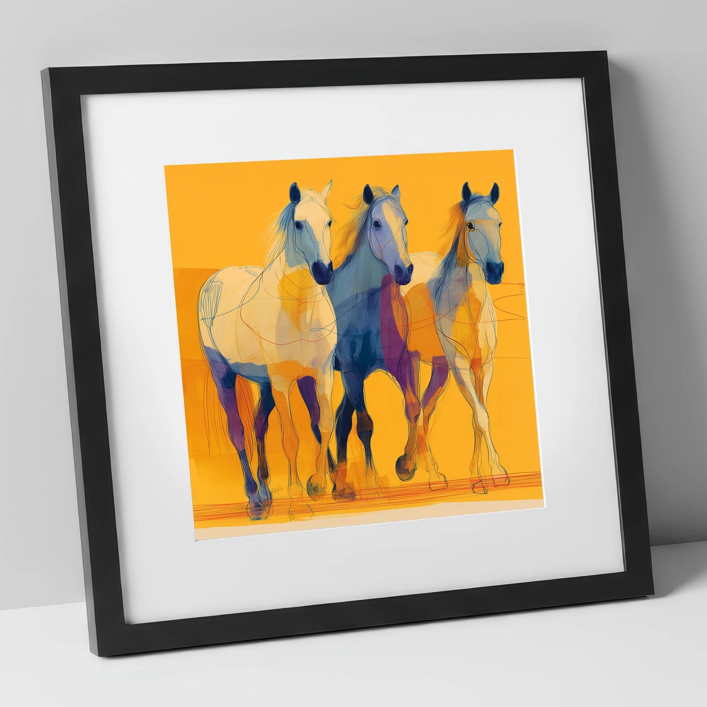 Vivid Strides in Gold horse landscape art print in black frame