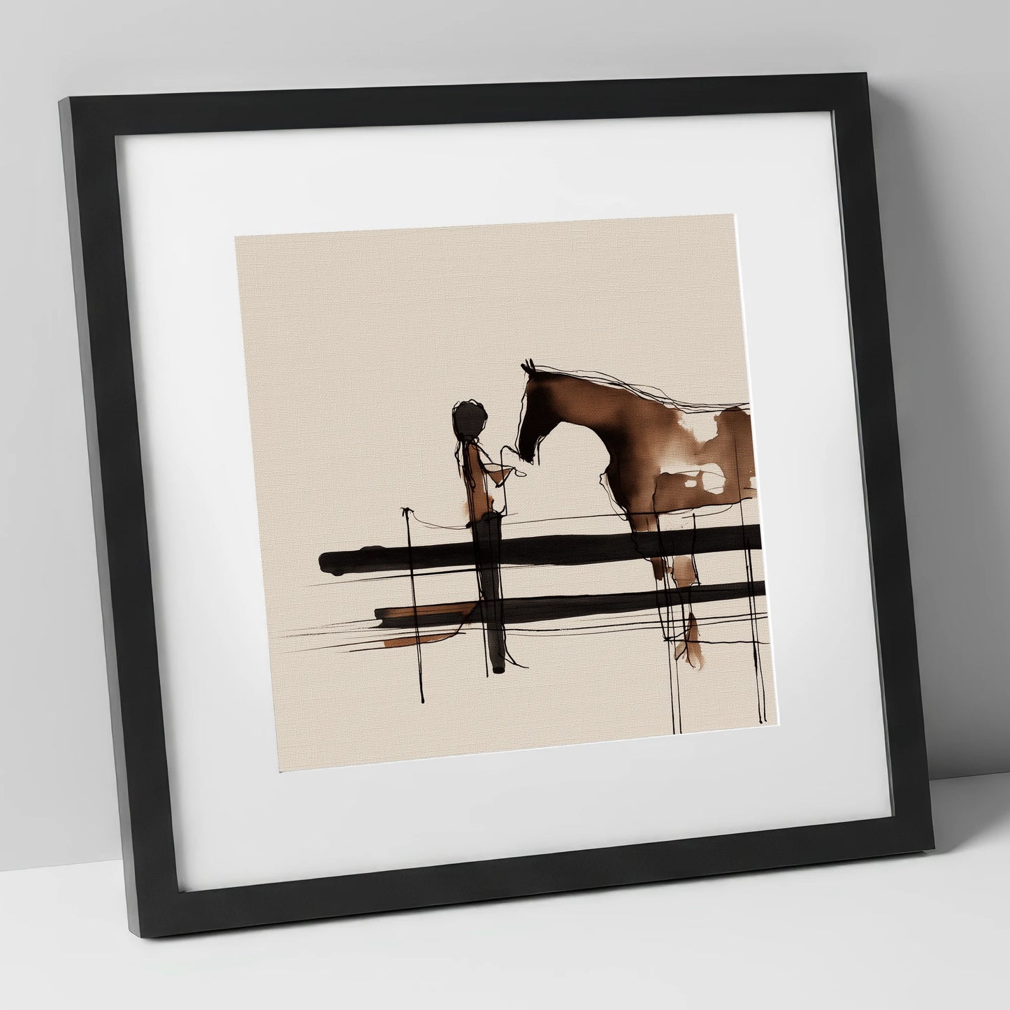 Connection at the Fence horse & rider art print in black frame