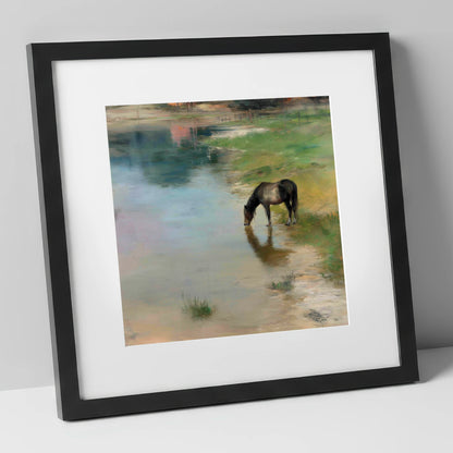 Quiet Waters Edge horse landscape art print in black frame