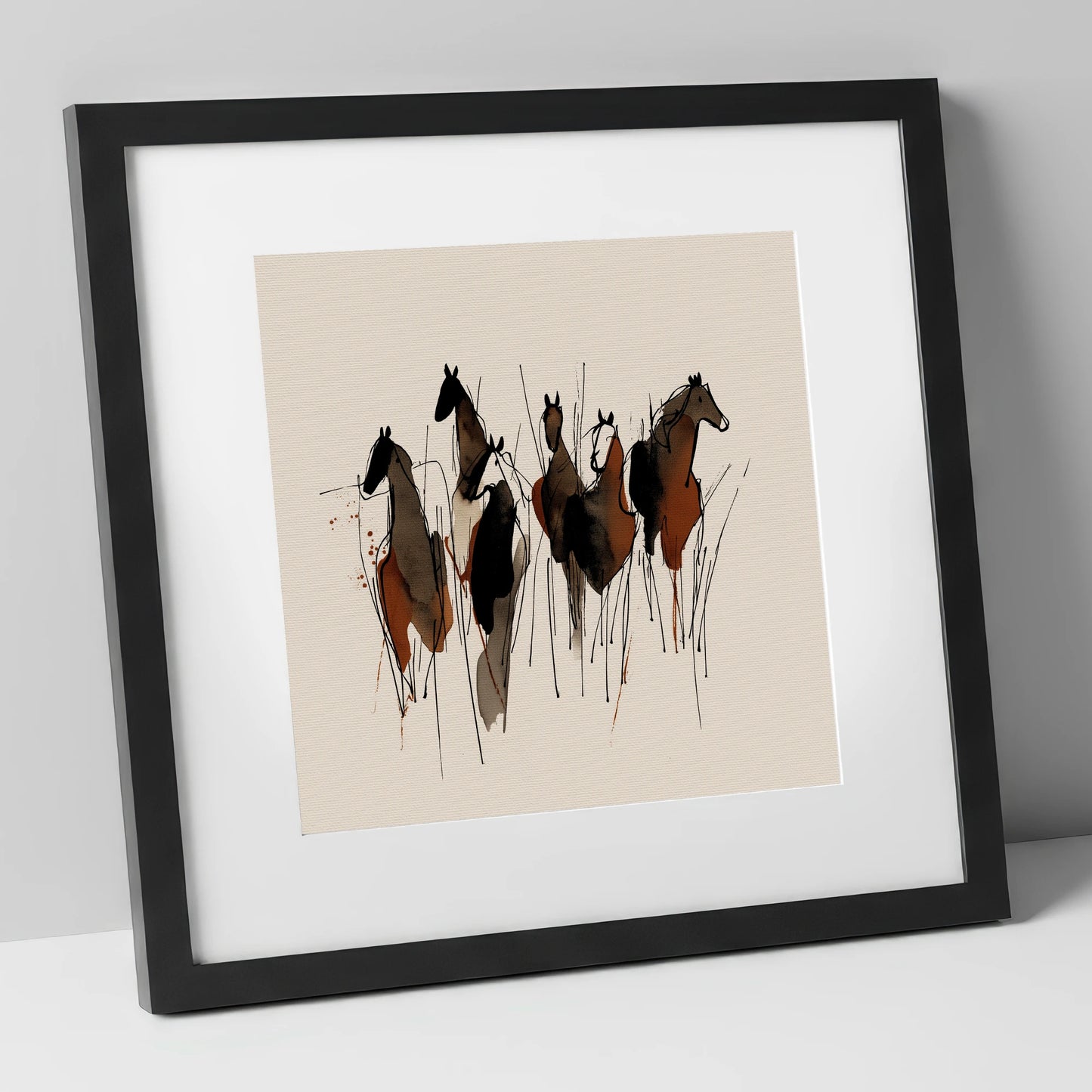 Earthy Herd Silhouettes wild horses art print in black frame