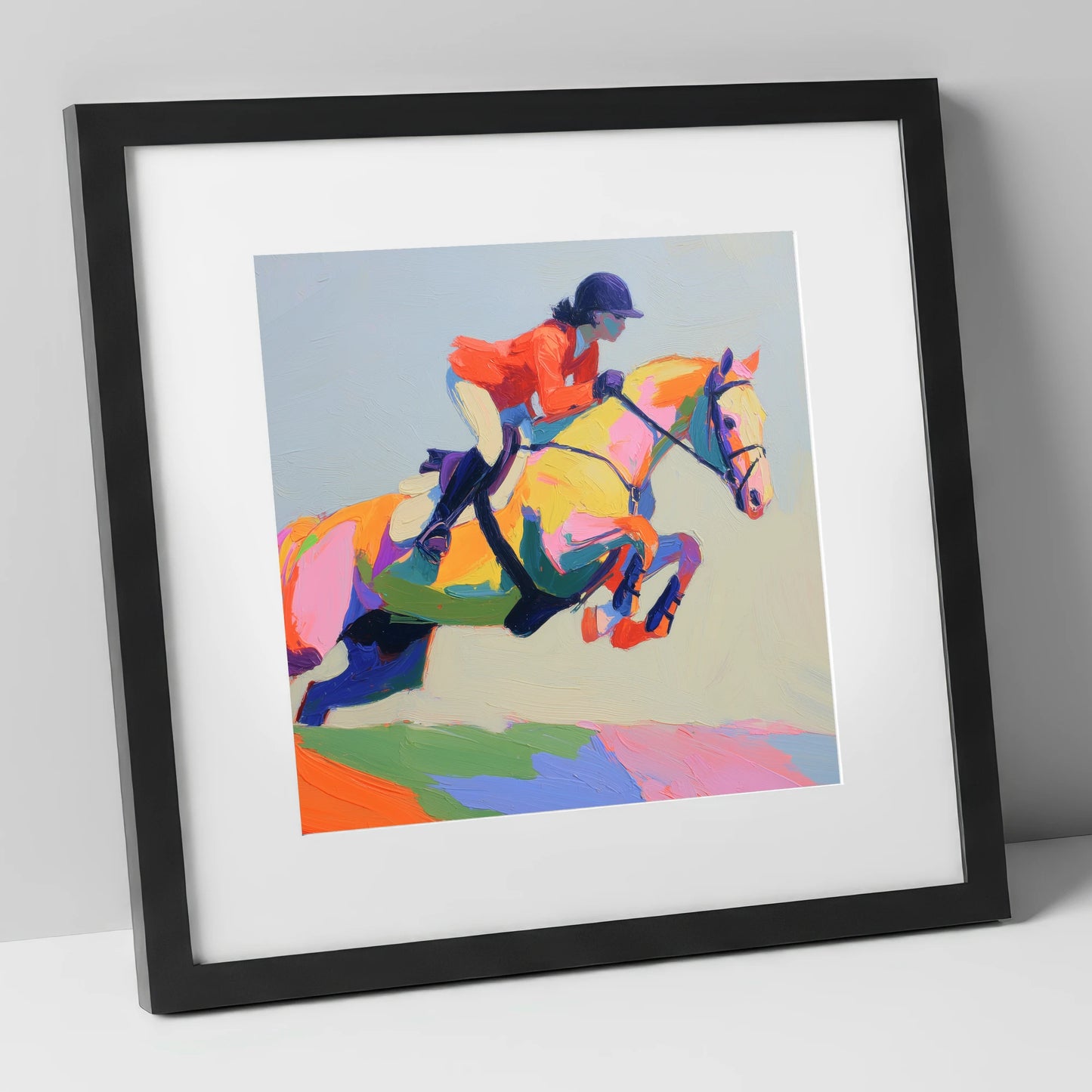 Chromatic Showjumper show jumping horse art print in black frame