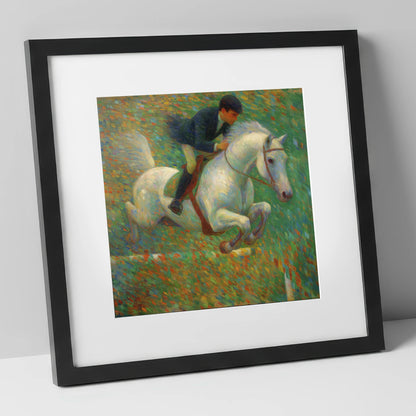 Luminous Jumping Grey show jumping horse art print in black frame