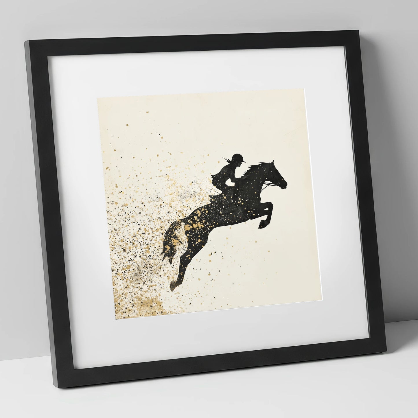 Airborne in Gold show jumping horse art print in black frame