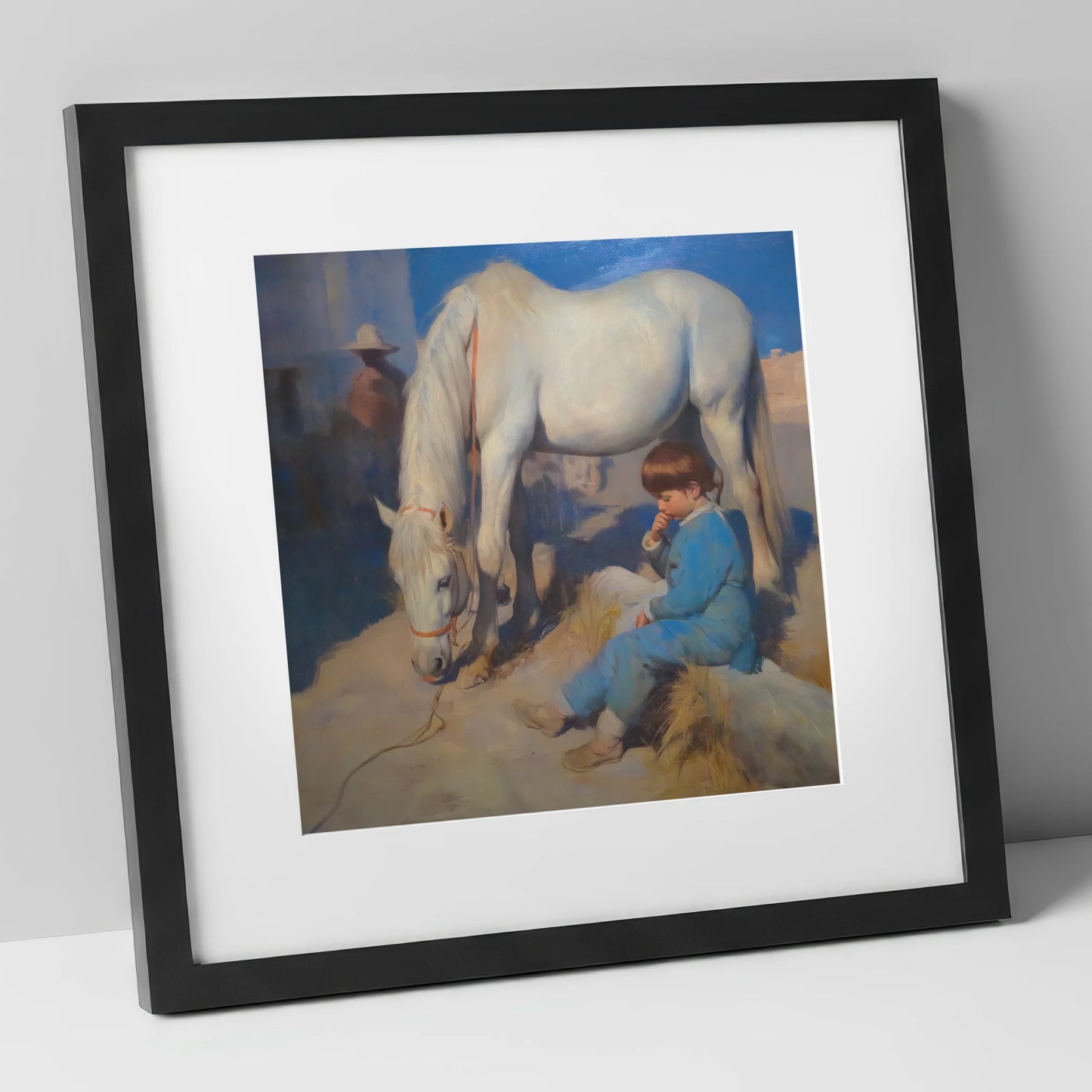 Quiet Companions horse & rider art print in black frame