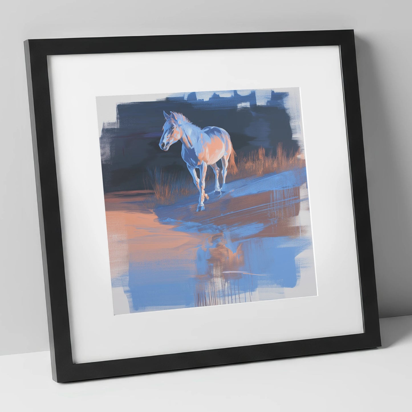 Cobalt Dawn Crossing horse landscape art print in black frame