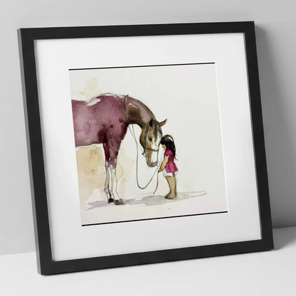 A Quiet Understanding horse & rider art print in black frame