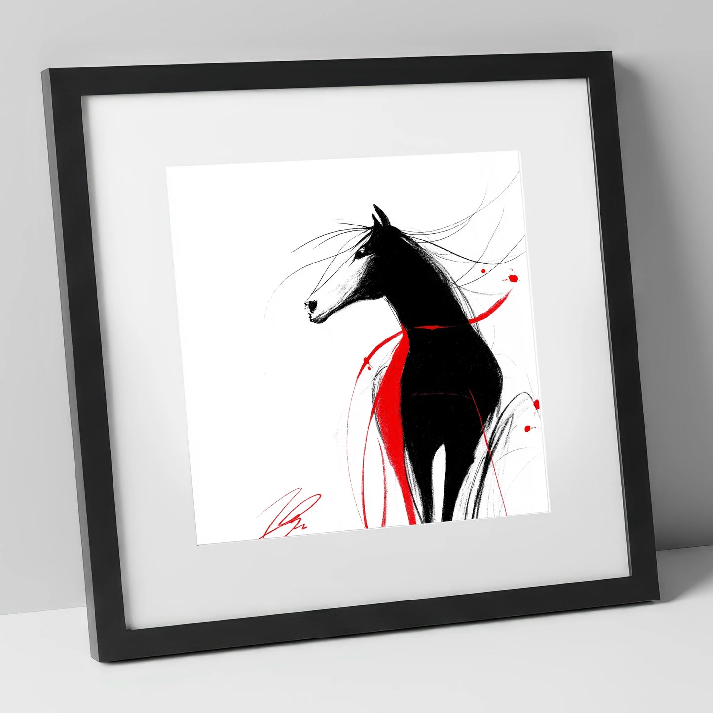 Spirited Silhouette in Red horse portrait art print in black frame