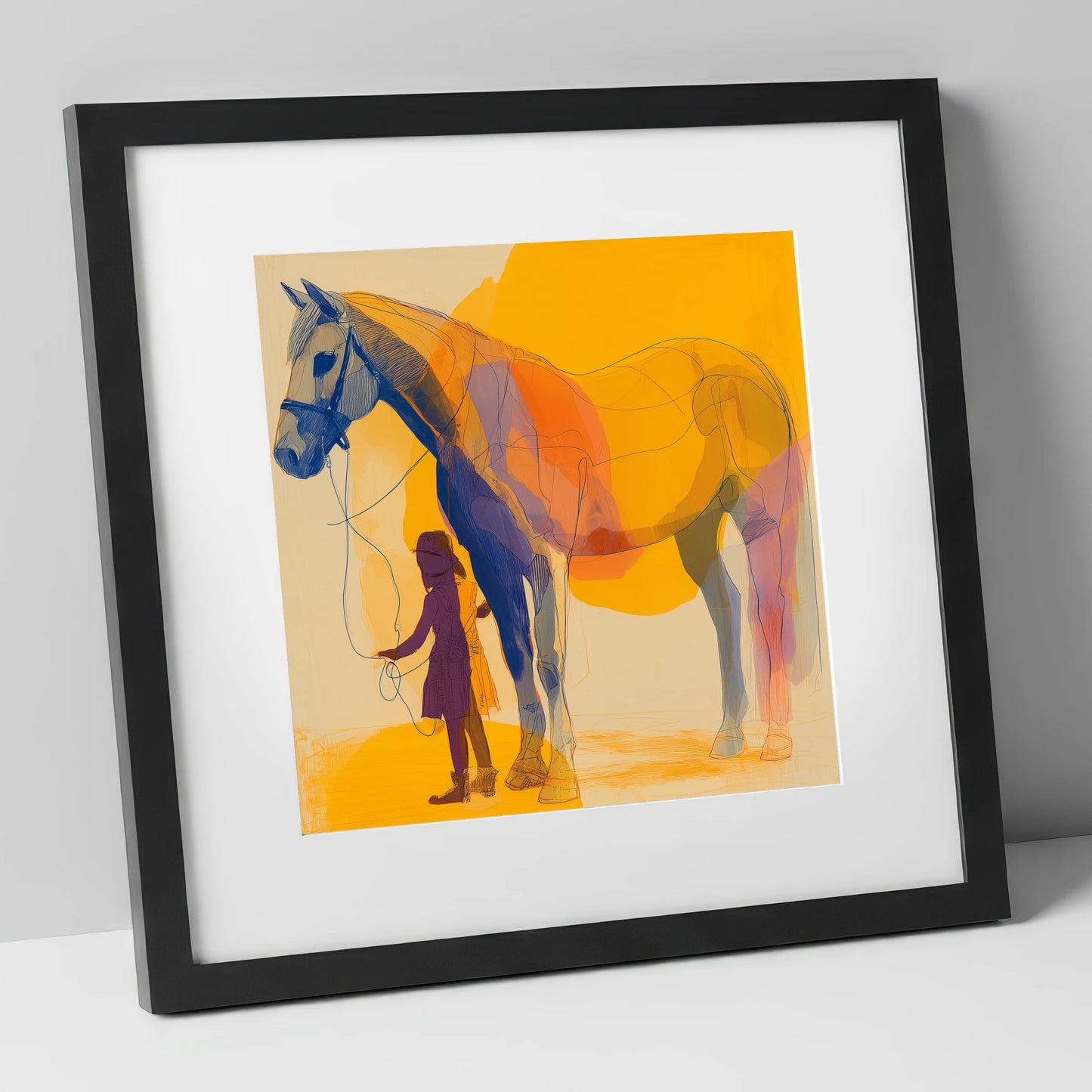 Golden Harmony horse & rider art print in black frame