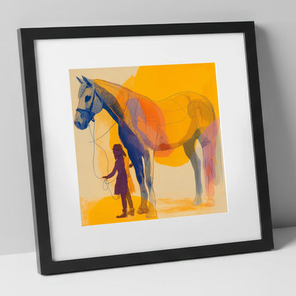 Golden Harmony horse & rider art print in black frame