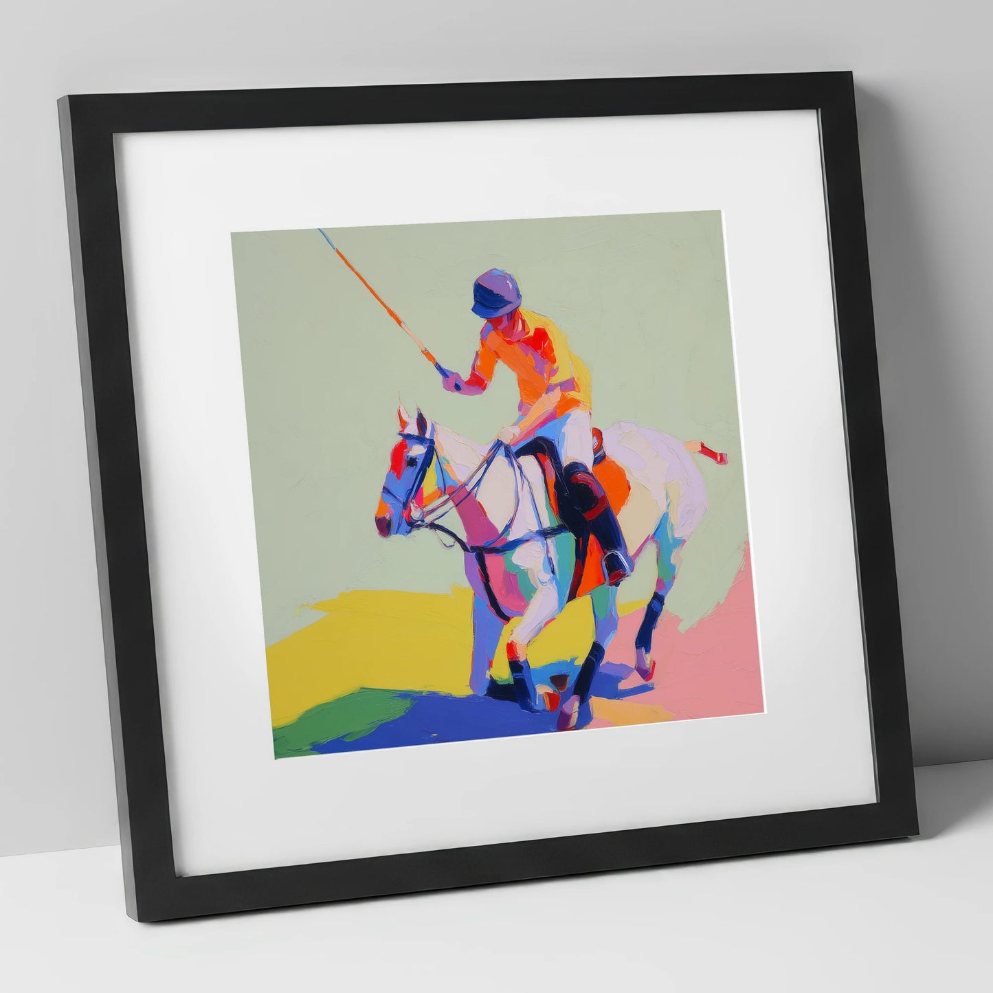 Vivid Midfield Strike polo horse art print in black frame