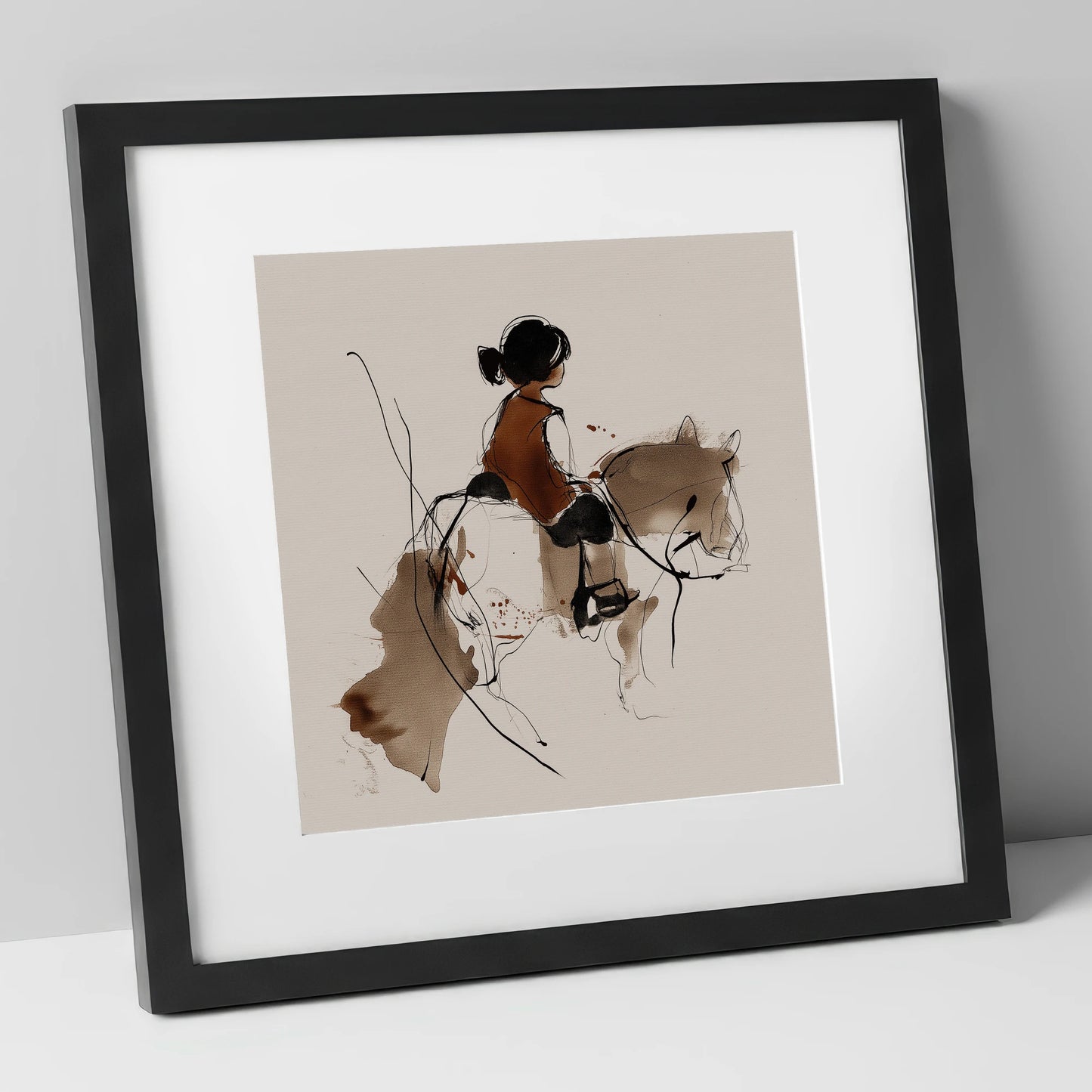 The Little Equestrian horse & rider art print in black frame