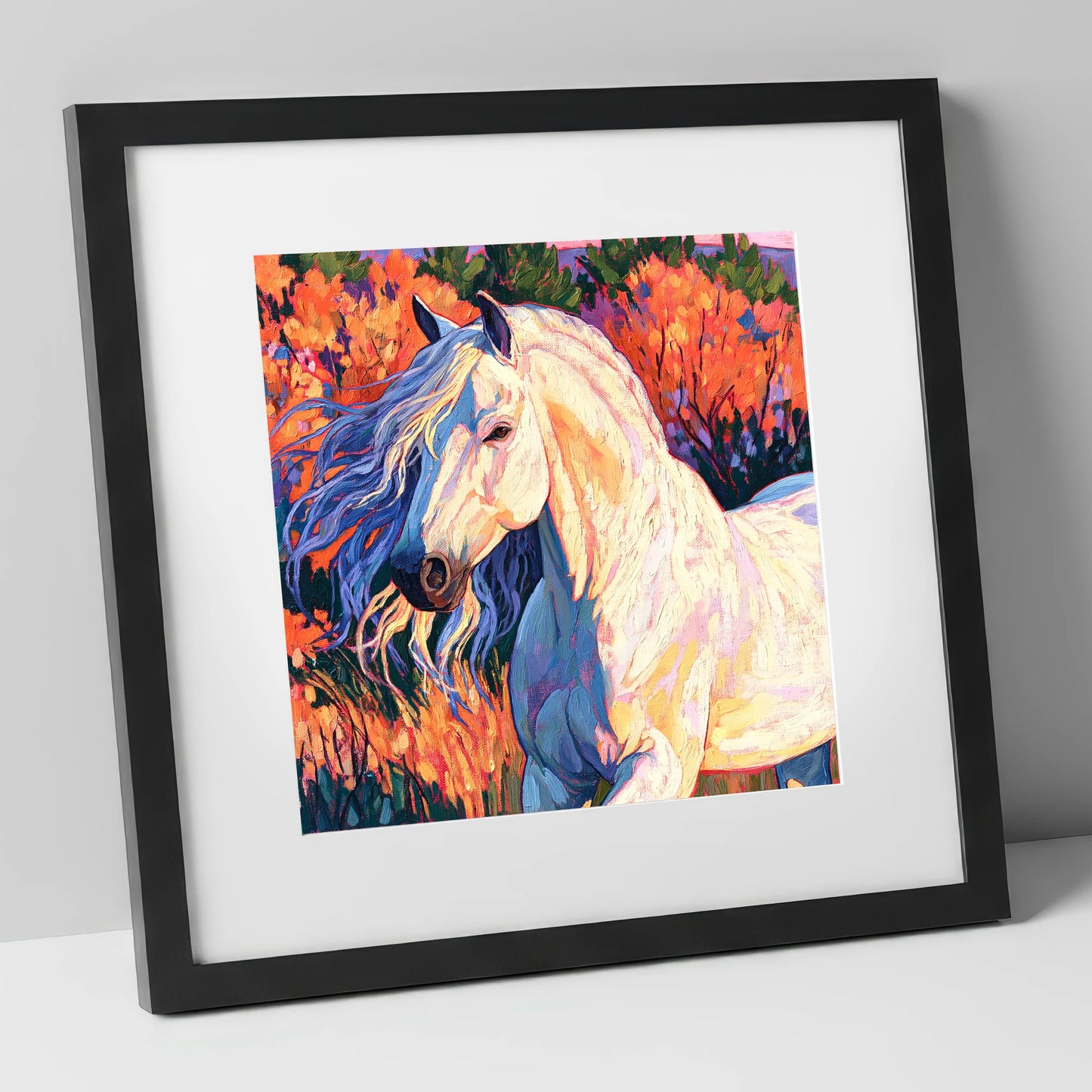 Vibrant White Andalusian Horse horse breed art print in black frame
