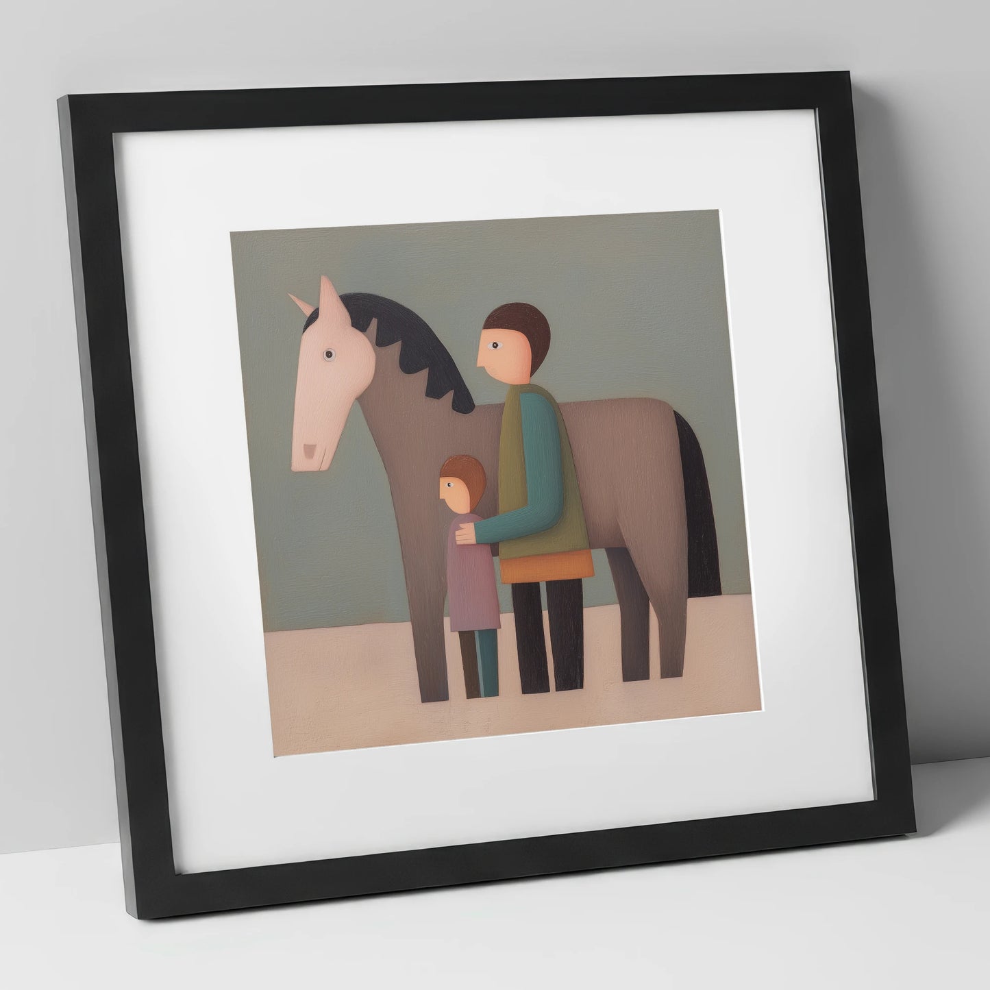 Standing Together horse & rider art print in black frame