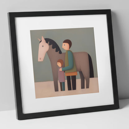 Standing Together horse & rider art print in black frame