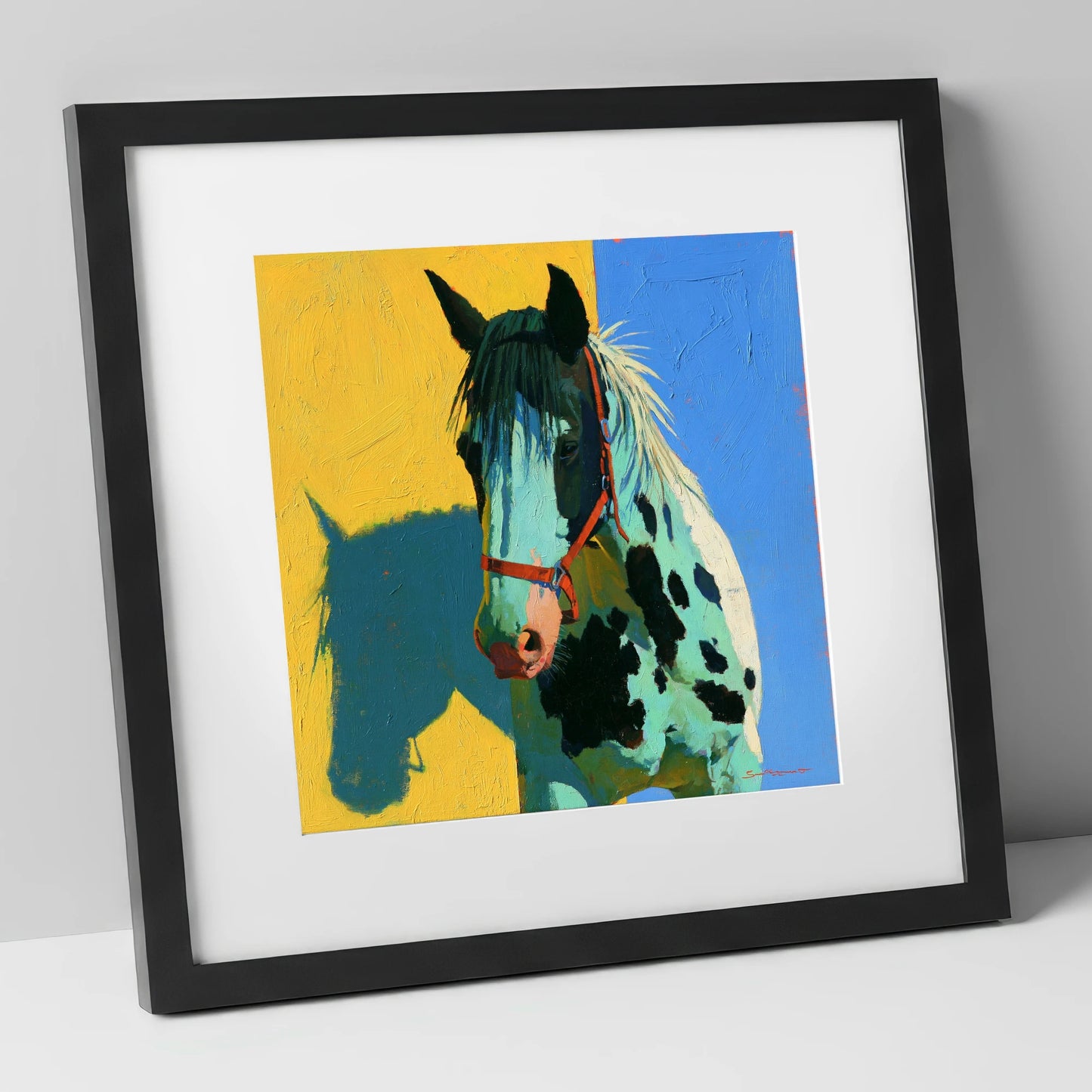 Spotted Horse with Teal Shadow horse breed art print in black frame