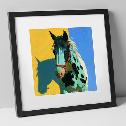 Spotted Horse with Teal Shadow horse breed art print in black frame