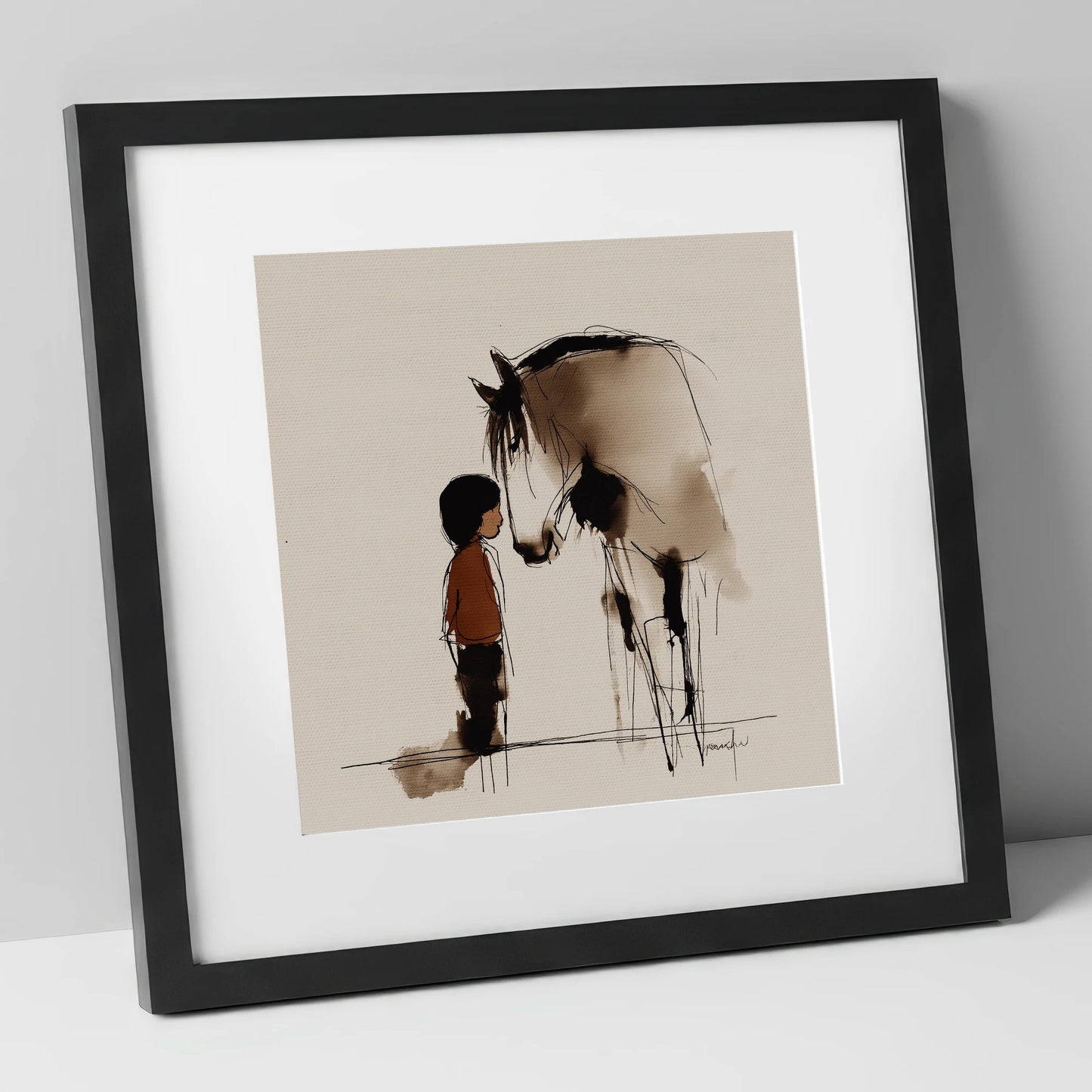 A Quiet Connection horse & rider art print in black frame