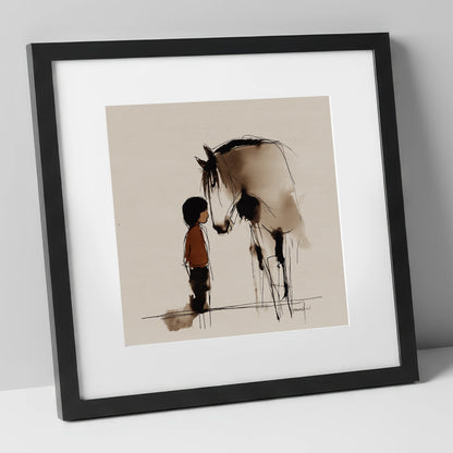 A Quiet Connection horse & rider art print in black frame