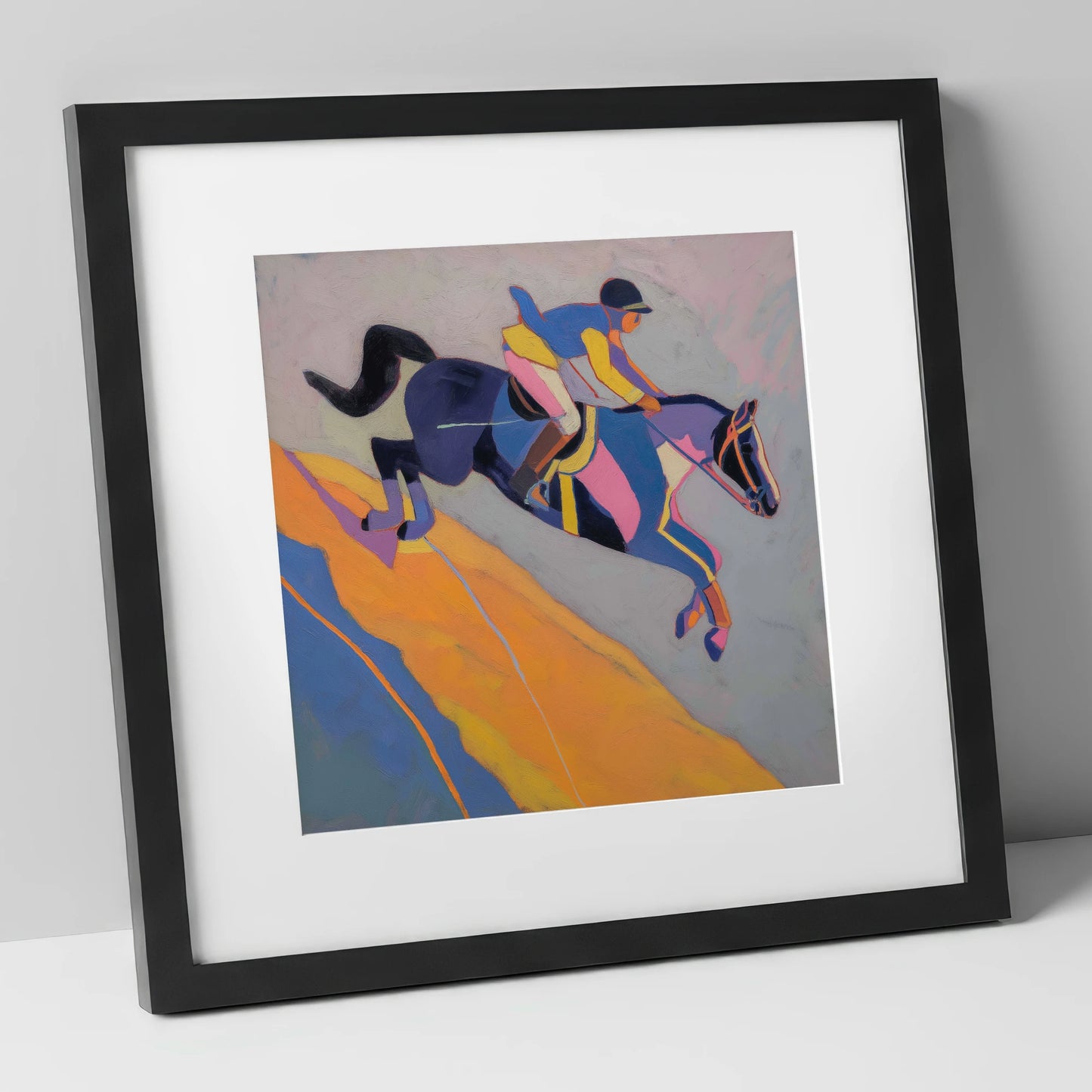 Vibrant Mid-Air Leap show jumping horse art print in black frame