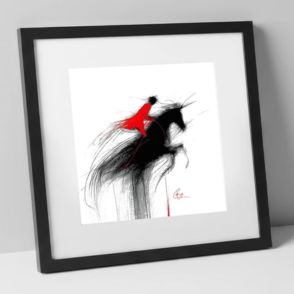 Crimson Flight show jumping horse art print in black frame