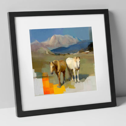 Abstract Alpine Companions horse landscape art print in black frame