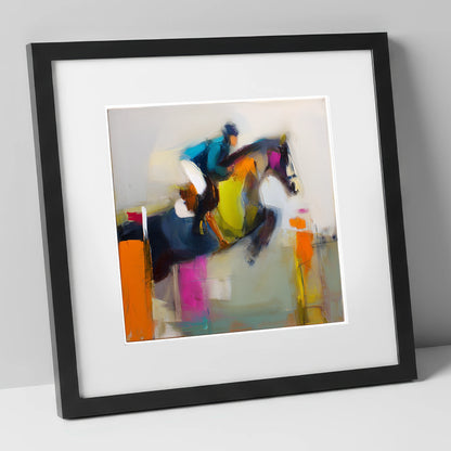 Dynamic Clear Round show jumping horse art print in black frame